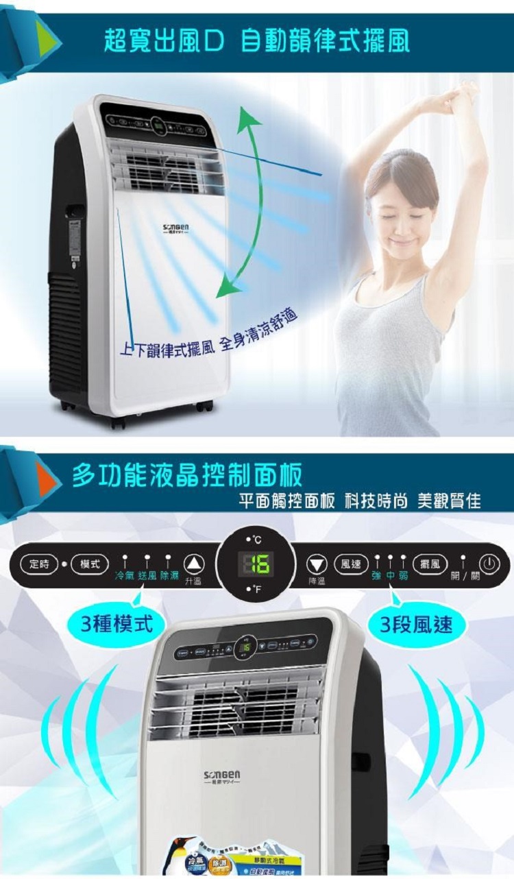 超寬出 自動韻律擺風上下韻律式擺風 全身清涼舒適多功能液晶控制面板平面觸控面板 科技時尚美觀質佳定時模式風速擺風 送風 除濕強中弱升溫降溫3種模式式冷氣3段風速