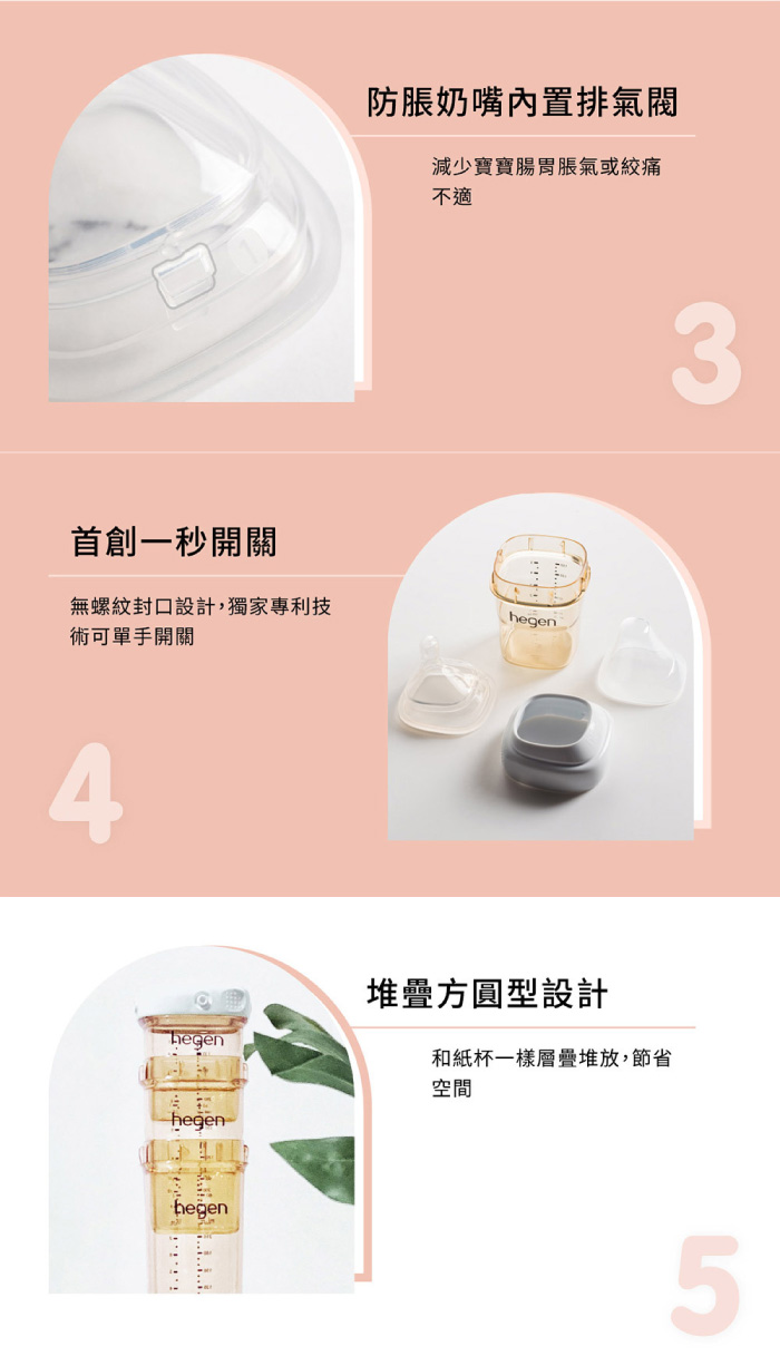 防脹奶嘴內置排氣閥減少寶寶腸胃脹氣或絞痛不適首創一秒開關無螺紋封口設計,獨家專利技術可單手開關4hegenhegen堆疊方圓型設計和紙杯一樣層疊堆放,節省空間hegen35
