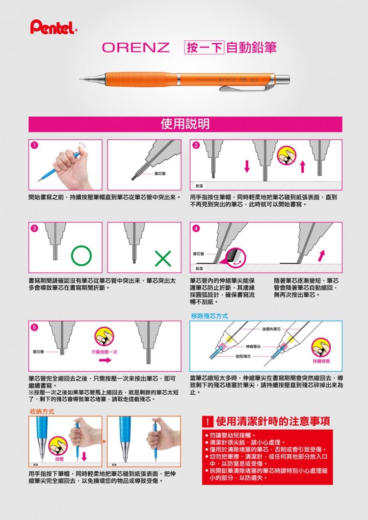 ORENZ 按一下自動鉛筆使用說明 開始書寫之前持續筆帽直到從中突出來。用手指按住筆帽同時輕柔地把筆碰到張表面直到不再見到突出筆芯,此時就可以開始書寫。筆芯紙書寫期間請確認沒有筆芯從筆芯管中突出來,筆芯突出太多會導致筆芯在書寫期間折斷。筆芯管的能保護筆芯防止折斷,其邊緣採圓弧設計,確保書寫流暢不刮紙。隨著筆芯逐漸變短,筆芯管會隨著筆芯自動縮回,無再次按出筆芯。移除芯方式的筆芯,筆芯管只需按壓一次筆芯管完全縮回去之後,只需按壓一次來按出筆芯,即可繼續書寫。※按壓一次之後如果筆芯管馬上縮回去,就是剩餘的筆芯太短了,剩下的殘芯會導致筆芯堵塞,請取走這殘芯。收納方式 伸縮筆尖前段殘芯持續按壓當筆芯縮短太多時,伸縮筆尖在書寫期間會突然縮回去,導致剩下的殘芯堵塞於筆尖,請持續按壓直到殘芯碎掉出來為止。按壓用手指按下筆帽,同時輕柔地把筆芯碰到紙張表面,把伸縮筆尖完全縮回去,以免損壞您的物品或導致受傷。使用清潔針時的注意事項勿讓幼兒接觸。清潔針很尖銳,請小心處理。僅用於清除堵塞的筆芯,否則或會引致受傷。切勿把筆擦、清潔針,或任何其他部分放入口中,以防窒息或受傷。拆開鉛筆清除堵塞的筆芯時請特別小心處理細小的部分,以防遺失。