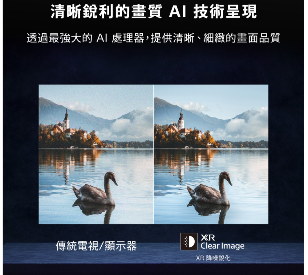 清晰銳利的畫質 技術呈現透過最強大的 處理器,提供清晰、細緻的畫面品質傳統電視/顯示器XRClear ImageXR 降噪銳化
