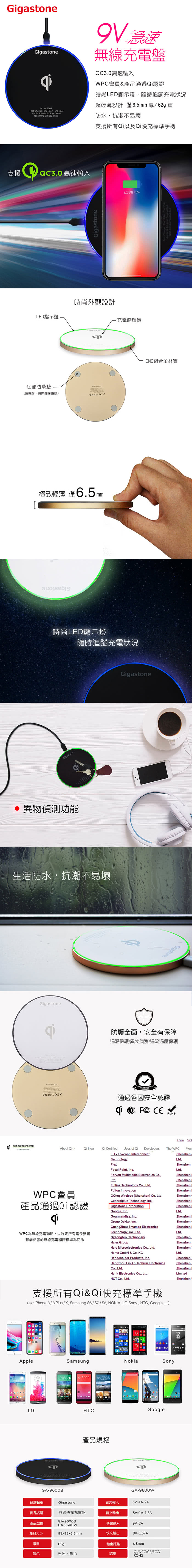 『QC3.0高速快充認證、超輕薄設計』Gigastone 9V 急速無線充電盤 GA-9600(黑/白)