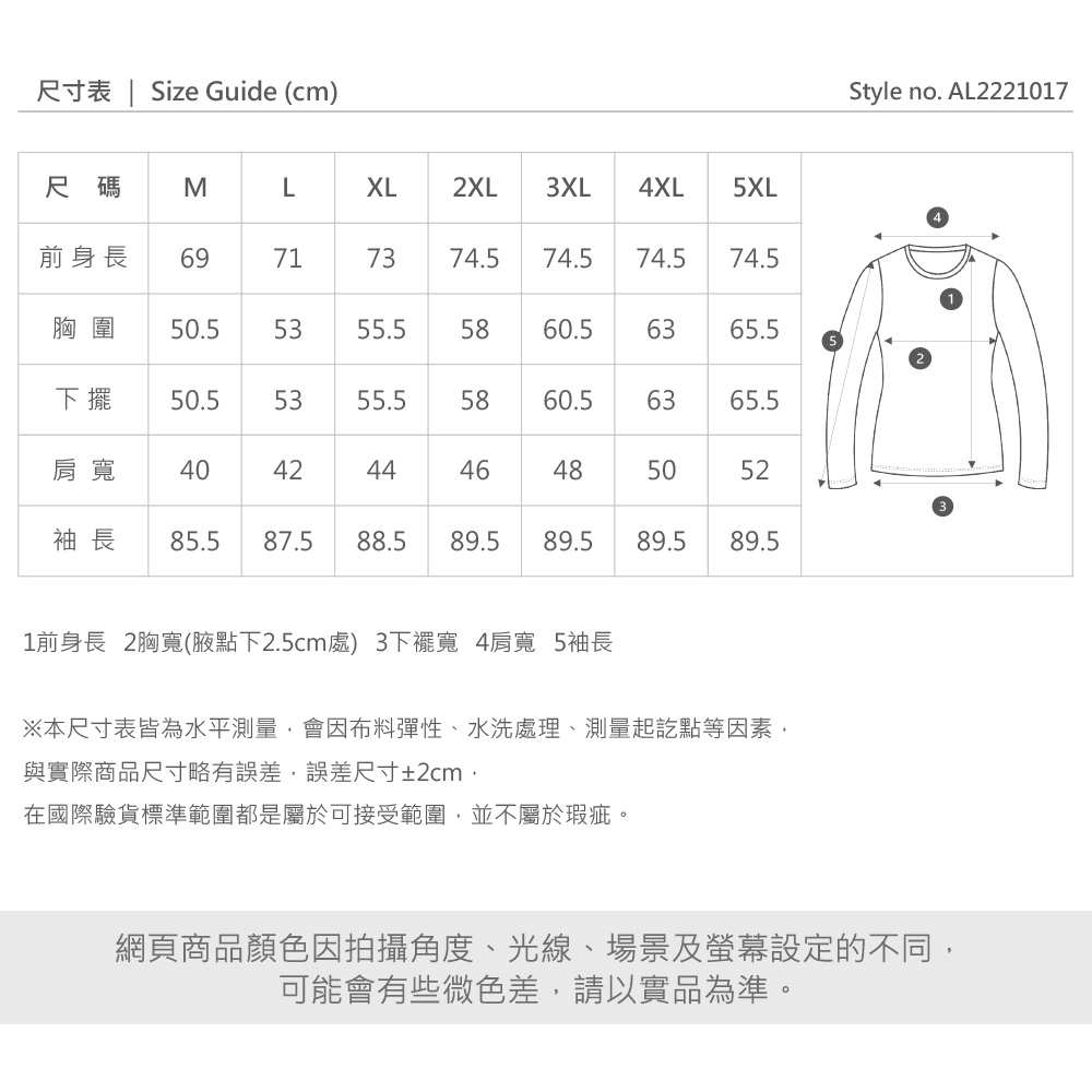 尺寸表 | Size Guide (cm)尺碼 MLXL2XL3XL4XL5XL前身長 69717374.574.574.574.5胸圍 50.55355.558.56365.5下擺50.55355.55860.56365.5肩寬 4042444660485052袖長 85.5 87.5 88.589.589.589.5 89.51前身長 2胸寬(點下2.5cm處) 3寬 4肩寬 5袖長※本尺寸表皆為水平測量會因布料彈性、水洗處理、測量起訖點等因素,與實際商品尺寸略有誤差,誤差尺寸±2cm,在國際驗貨標準範圍都是屬於可接受範圍,並不屬於瑕疵。Style no. AL2221017網頁商品顏色因拍攝角度、光線、場景及螢幕設定的不同,可能會有些微色差,請以實品為準。