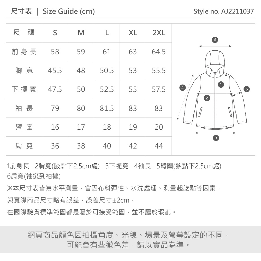 尺寸表 | Size Guide (cm)尺碼SMLXL2XL前身長 5859616364.5胸寬 45.54850.55355.5寬47.55052.55557.5袖長 798081.58383臂圍1617181920肩寬 363840404244Style no. AJ22110371前身長 2胸寬(腋點下2.5cm處) 3下擺寬 4袖長 5臂圍(腋點下2.5cm處)6肩寬(袖攏到袖攏)※本尺寸表皆為水平測量,會因布料彈性、水洗處理、測量起訖點等因素,與實際商品尺寸略有誤差,誤差尺寸±2cm,在國際驗貨標準範圍都是屬於可接受範圍,並不屬於瑕疵。網頁商品顏色因拍攝角度、光線、場景及螢幕設定的不同,可能會有些微色差,請以實品為準。