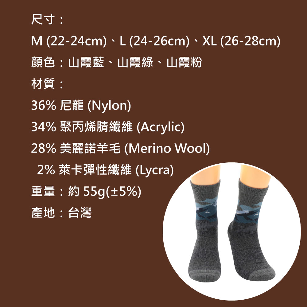 尺寸:M(22-24cm)、L(24-26cm)、XL(26-28cm)顏色:山霞藍、山霞綠、山霞粉材質:36% 尼龍 (Nylo)34% 聚丙烯腈纖維 (Acrylic)28% 美麗諾羊毛 (Merino Wool)2% 萊卡彈性纖維 (Lycra)重量:約55g(±5%)產地:台灣n