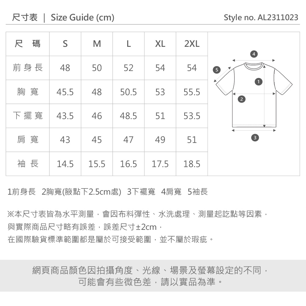 尺寸表  Size Guide (cm)尺碼SMLXL2XL前身長 4850525454胸寬 45.54850.55355.5下擺寬 43.54648.55153.5肩寬 4345474951袖長14.5 15.5 16.517.518.55Style no. AL23110231前身長 2胸寬(腋點下2.5cm處)3下擺寬 4肩寬 5袖長※本尺寸表皆為水平測量,會因布料彈性、水洗處理、測量起訖點等因素,與實際商品尺寸略有誤差,誤差尺寸±2cm,在國際驗貨標準範圍都是屬於可接受範圍,並不屬於瑕疵。網頁商品顏色因拍攝角度、光線、場景及螢幕設定的不同,可能會有些微色差,請以實品為準。