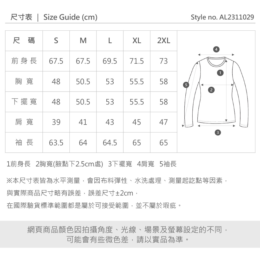 尺寸表 | ize Guide (cm)尺碼SMLXL2XL前身長 67.567.569.571.573胸寬 4850.55355.5585下擺寬 4850.55355.558肩寬 3941434547袖長 63.56464.5 6565Style no. AL231102931前身長 2胸寬(腋點下2.5cm處)3下擺寬 4肩寬 5袖長※本尺寸表皆為水平測量,會因布料彈性、水洗處理、測量起訖點等因素,與實際商品尺寸略有誤差,誤差尺寸±2cm,在國際驗貨標準範圍都是屬於可接受範圍,並不屬於瑕疵。網頁商品顏色因拍攝角度、光線、場景及螢幕設定的不同,可能會有些微色差,請以實品為準。