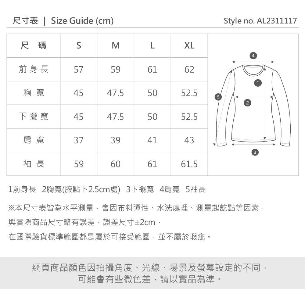 尺寸表 | ize Guide (cm)Style no. AL2311117尺碼SMLXL前身長57596162胸寬4547.55052.5下擺寬4547.55052.5肩寬3739394143袖長59606161.51前身長 2胸寬(腋點下2.5cm處) 3寬 4肩寬 5袖長※本尺寸表皆為水平測量,會因布料彈性、水洗處理、測量起訖點等因素,與實際商品尺寸略有誤差,誤差尺寸±2cm,在國際驗貨標準範圍都是屬於可接受範圍,並不屬於瑕疵。網頁商品顏色因拍攝角度、光線、場景及螢幕設定的不同,可能會有些微色差,請以實品為準。