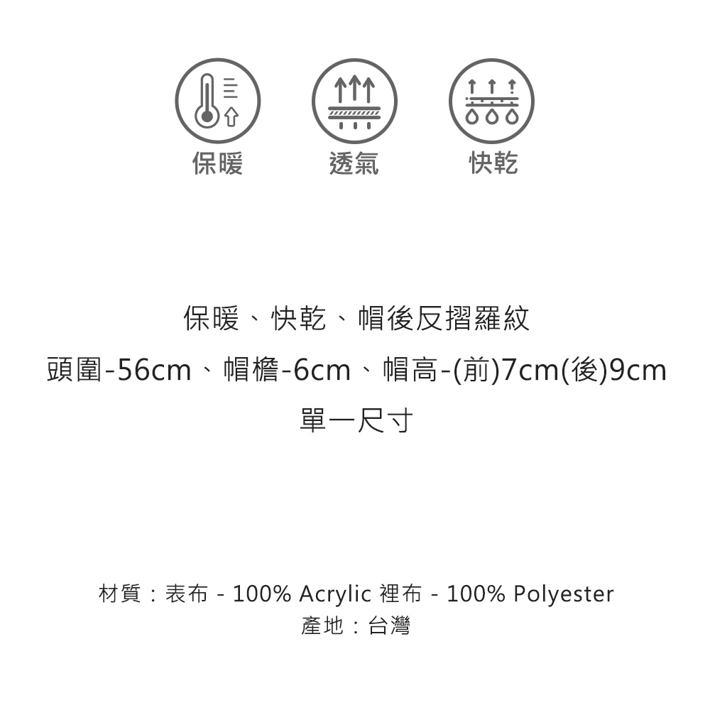 000保暖透氣快乾保暖、快乾、帽後反摺羅紋頭圍56cm、-6cm、帽高-(前)7cm(後)9cm單一尺寸材質:表布 - 100% Acrylic 裡布-100% Polyester產地:台灣