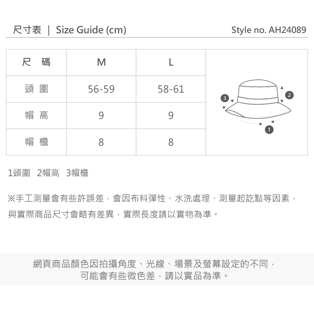 尺寸表 | Size Guide (cm)尺碼ML頭圍56-5958-613帽高99帽檐88Style no. AH2408911頭圍 2帽高 3帽檐※手工測量會有些許誤差,會因布料彈性、水洗處理、測量起訖點等因素,與實際商品尺寸會略有差異,實際長度請以實物為準。網頁商品顏色因拍攝角度、光線、場景及螢幕設定的不同,可能會有些微色差,請以實品為準。