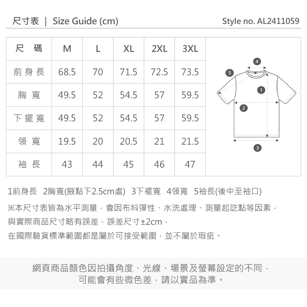 尺寸表 | Size Guide (cm)Style no. AL2411059尺碼 MLXL2XL3XL4前身長 68.570 71.572.573.55胸寬 49.55254.55759.5下擺寬 49.55254.55759.5領寬 19.52020.52121.53袖長 43444546471前身長 2胸寬(腋點下2.5cm處) 3寬 4領寬 5袖長(後中至袖口)※本尺寸表皆為水平測量,會因布料彈性、水洗處理、測量起訖點等因素,與實際商品尺寸略有誤差,誤差尺寸±2cm,在國際驗貨標準範圍都是屬於可接受範圍,並不屬於瑕疵。網頁商品顏色因拍攝角度、光線、場景及螢幕設定的不同,可能會有些微色差,請以實品為準。