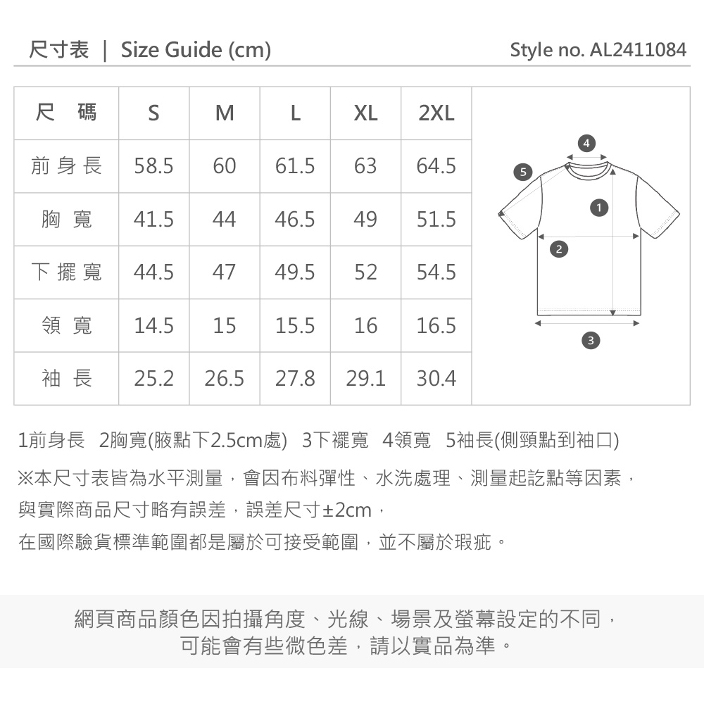 尺寸表 | ize Guide (cm)XL 2XLStyle no. AL2411084尺碼 SML前身長 58.5 60 61.56364.55胸寬 41.54446.54951.5寬 44.54749.55254.5領寬 14.5 1515.516 16.53袖 長 25.2 26.527.8 29.1 30.411前身長 2胸寬(腋點下2.5cm處) 3下擺寬 4領寬 5袖長(側頸點到袖口)※本尺寸表皆為水平測量,會因布料彈性、水洗處理、測量起訖點等因素,與實際商品尺寸略有誤差,誤差尺寸±2cm,在國際驗貨標準範圍都是屬於可接受範圍,並不屬於瑕疵。網頁商品顏色因拍攝角度、光線、場景及螢幕設定的不同,可能會有些微色差,請以實品為準。