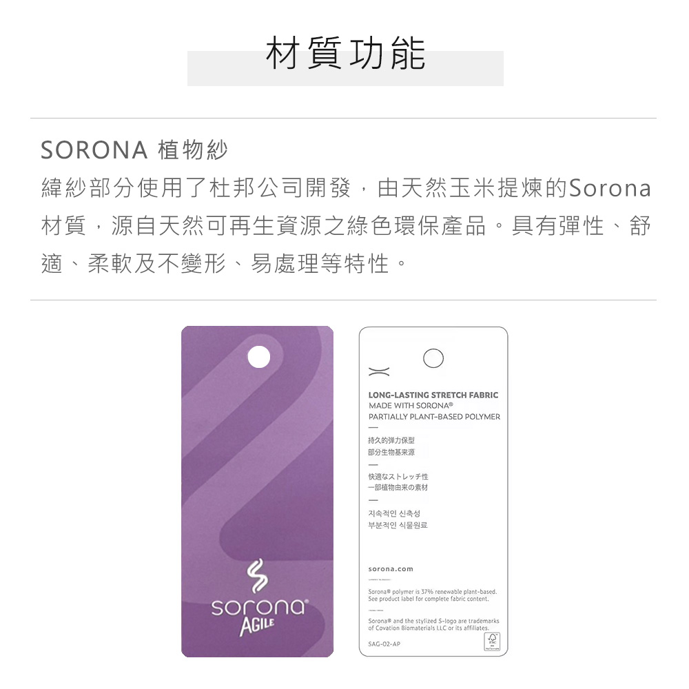 材質功能SORONA 植物紗緯紗部分使用了杜邦公司開發,由天然玉米提煉的Sorona材質,源自天然可再生資源之綠色環保產品。具有彈性、舒適、柔軟及不變形、易處理等特性。LONGLASTING STRETCH FABRICMADE WITH SORONA®PARTIALLY PLANT-BASED POLYMER持久的弹力保型部分生物基来源-快適なストレッチ性一部植物由来の素材지속적인 신축성부분적인 식물원료comsoronaAGILE polymer is 37% renewable plant-basedSee product label for complete fabric content.Sorona® and the stylized S-logo are trademarksof Covation Biomaterials LLC or its affiliates.SAG-02-AP