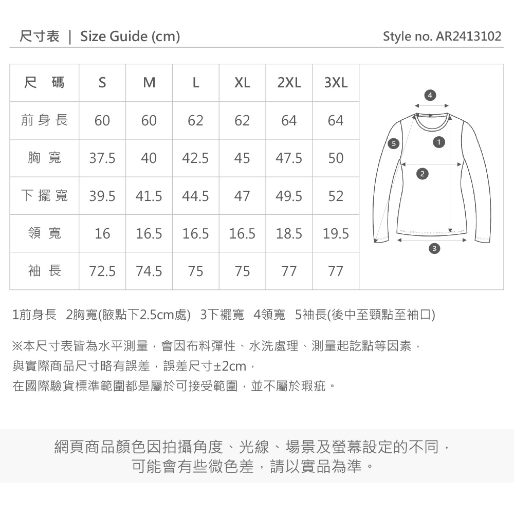 尺寸表 Size Guide (cm)尺碼SXL2XL3XL前身長606062626464胸寬 37.54042.5 4547.550寬 39.541.544.54749.552領寬 1616.516.516.518.519.5袖長 72.5 74.5 75757777Style no. AR24131021前身長 2胸寬(點下2.5cm處) 3下擺寬 4領寬 5袖長(後中至頸點至袖口)※本尺寸表皆為水平測量,會因布料彈性、水洗處理、測量起訖點等因素,與實際商品尺寸略有誤差,誤差尺寸±2cm在國際驗貨標準範圍都是屬於可接受範圍,並不屬於瑕疵。網頁商品顏色因拍攝角度、光線、場景及螢幕設定的不同,可能會有些微色差,請以實品為準。