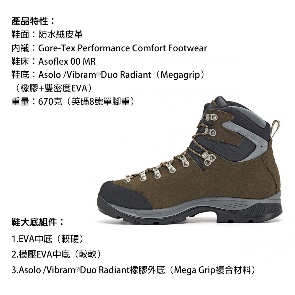 產品特性:鞋面:防水絨皮革內襯:Gore-Tex Performance Comfort Footwear鞋床:Asoflex  MR鞋底:Asolo /Vibram ® Duo Radiant (Megagrip)(橡膠+雙密度EVA)重量:670克(英碼8號單腳重)鞋大底組件:1.EVA中底(較硬)2.模壓EVA中底(較軟)3.Asolo /Vibram ® Duo Radiant橡膠外底(Mega Grip複合材料)