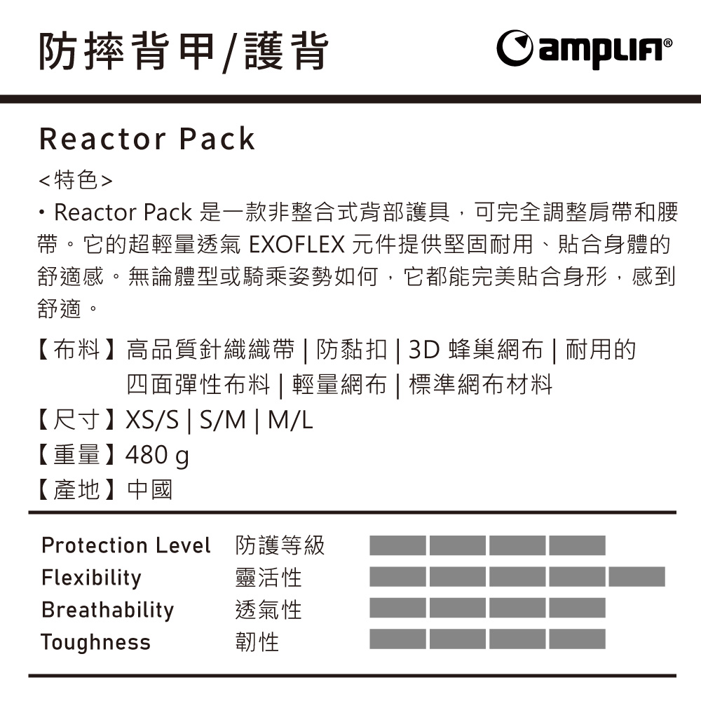防摔背甲/護背Reactor Pack特色Reactor Pack 是一款非整合式背部護具,可完全調整肩帶和腰帶。它的超輕量透氣 EXOFLEX 元件提供堅固耐用、貼合身體的舒適感。無論體型或騎乘姿勢如何,它都能完美貼合身形,感到舒適。【料】高品質針織織帶 防黏扣 3D 蜂巢網布 | 耐用的四面彈性布料 | 輕量網布| 標準網布材料【尺寸】 XS/S | S/M | M/L【重量】480g【產地】中國Protection LevelFlexibilityBreathabilityToughness防護等級靈活性透氣性韌性
