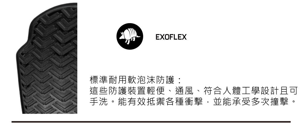 EXOFLEX標準耐用泡沫防護:這些防護裝置輕便、通風、符合人體工學設計且可手洗。能有效抵禦各種衝擊,並能承受多次撞擊。