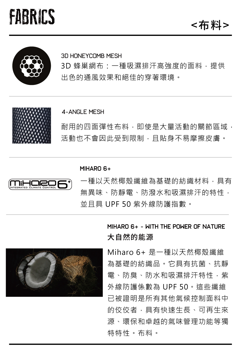 FABRICS布料3D HONEYCOMB MESH3D 蜂巢網布:一種吸濕排汗高強度的面料,提供出色的通風效果和絕佳的穿著環境。4ANGLE MESH耐用的四面彈性布料,即使是大量活動的關節區域,活動也不會因此受到限制,且貼身不易摩擦皮膚。INTEGRATED CLIMATE CONTROLMIHARO 6+一種以天然椰殼纖維為基礎的紡織材料,有無異味、防靜電、防潑水和吸濕排汗的特性,並且具 UPF 50紫外線防護指數。MIHARO 6+-WITH THE POWER OF NATURE大自然的能源Miharo 6+ 是一種以天然椰殼纖維為基礎的紡織品。它具有抗菌、抗靜電、防臭、防水和吸濕排汗特性,紫外線防護係數為 UPF 50。這些纖維已被證明是所有其他氣候控制面料中的佼佼者,具有快速生長、可再生來源、環保和卓越的氣味管理功能等獨特特性。布料。