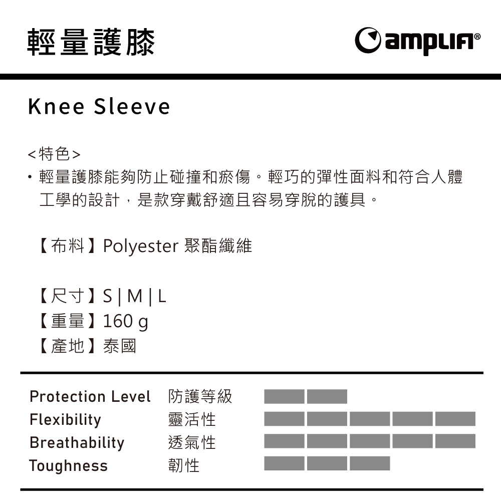 輕量護膝Knee Sleeve特色輕量護膝能夠防止碰撞和瘀傷。輕巧的彈性面料和符合人體工學的設計,是款穿戴舒適且容易穿脫的護具。【布料】Polyester 聚酯纖維【尺寸】S|M|L【重量】160 g【產地】泰國Protection LevelFlexibilityBreathabilityToughness防護等級靈活性透氣性韌性