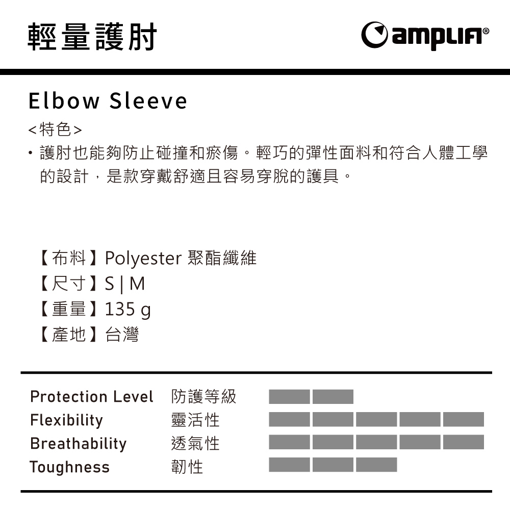 輕量護肘Elbow Sleeve特色護肘也能夠防止碰撞和瘀傷。輕巧的彈性面料和符合人體工學的設計,是款穿戴舒適且容易穿脫的護具。【布料】Polyester 聚酯纖維【尺寸】S|M【重量】135 g【產地】台灣Protection LevelFlexibilityBreathabilityToughness防護等級靈活性透氣性韌性
