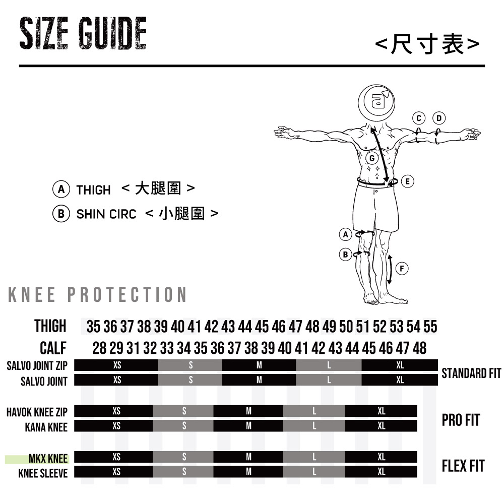 IZE GUIDE尺寸表    HIN CIRC   aKNEE PROTECTIONTHIGHCALF35 36 37 38 39 40 41 42 43 44 45 46 47 48 49 50 51 52 53 54 5528 29 31 32 33 34 35 36 37 38 39 40 41 42 43 44 45 46 47 48ALVO JOINT ZIPXSALVO JOINTXSSSMMLXLXLSTANDARD FITHAVOK KNEE ZIPXSSMKANA KNEEXSSMXLPRO FITXLMKX KNEEXSSMXLKNEE SLEEVEXSSMXLFLEX FIT