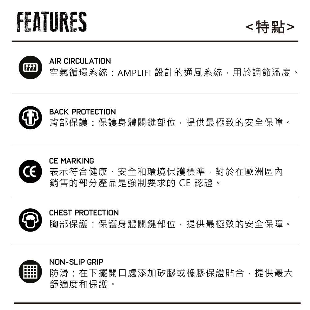 FEATURES特點AIR CIRCULATION空氣循環系統AMPLIFI 設計的通風系統,用於調節溫度。BACK PROTECTION背部保護:保護身體關鍵部位,提供最極致的安全保障。CE MARKING表示符合健康、安全和環境保護標準,對於在歐洲區內銷售的部分產品是強制要求的CE認證。CHEST PROTECTION胸部保護:保護身體關鍵部位,提供最極致的安全保障。NON-SLIP GRIP防滑:在下擺開口處添加矽膠或橡膠保證貼合,提供最大舒適度和保護。