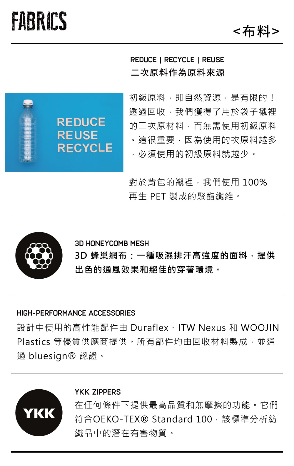 FABRICSREDUCEREDUCE | RECYCLE | REUSE二次原料作為原料來源布料初級原料,即自然資源,是有限的!透回收,我們獲得了用於袋子襯裡的二次原材料,而無需使用初級原料REUSE這很重要,因為使用的次原料越多RECYCLE,必須使用的初級原料就越少。對於背包的襯裡,我們使用 100%再生 PET 製成的聚酯纖維。3D HONEYCOMB MESH3D 蜂巢網布:一種吸濕排汗高強度的面料,提供出色的通風效果和絕佳的穿著環境。HIGH-PERFORMANCE ACCESSORIES設計中使用的高性能配件由 Duraflex、ITW Nexus 和 WOOJINPlastics 等優質供應商提供。所有部件均由回收材料製成,並通過 bluesign® 認證。YKKYKK ZIPPERS在任何條件下提供最高品質和無摩擦的功能。它們符合OEKO-TEX® Standard 100,該標準分析紡織品中的潛在有害物質。