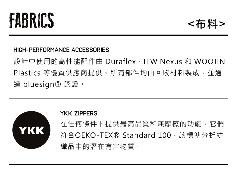 FABRICSHIGH-PERFORMANCE ACCESSORIES布料設計中使用的高性能配件由 Duraflex、ITW Nexus 和 WOOJINPlastics 等優質供應商提供。所有部件均由回收材料製成,並通過 bluesign® 認證。YKKYKK ZIPPERS在任何條件下提供最高品質和無摩擦的功能。它們符合OEKO-TEX® Standard 100,該標準分析紡織品中的潛在有害物質。