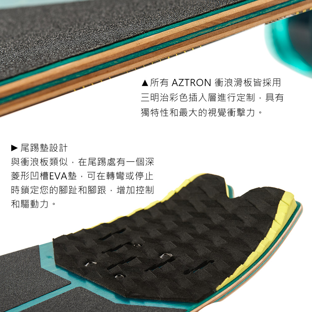 所有 AZTRON 衝浪滑板皆採用三明治彩色插入層進行定制,具有獨特性和最大的視覺衝擊力。尾踢墊設計與衝浪板類似,在尾踢處有一個深菱形凹槽EVA墊,可在轉彎或停止時鎖定您的腳趾和腳跟,增加控制和驅動力。