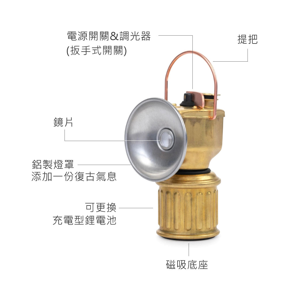 電源開關&調光器(扳手式開關)鏡片鋁製燈罩添加一份復古氣息可更換充電型鋰電池磁吸底座提把