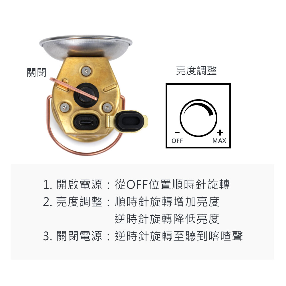 關閉亮度調整OFFMAX1. 開啟電源從OFF位置順時針旋轉2. 亮度調整順時針旋轉增加亮度逆時針旋轉降低亮度3. 關閉電源:逆時針旋轉至聽到喀喳聲