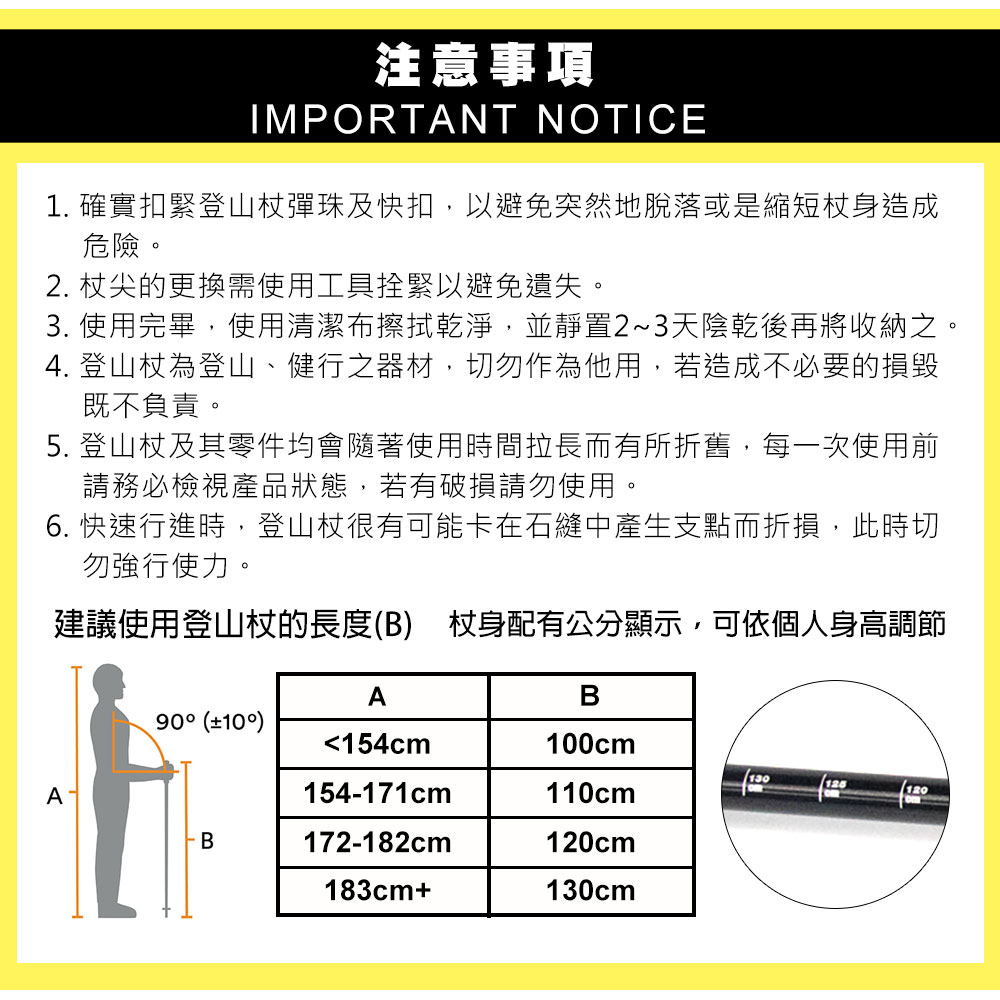 注意事項IMPORTANT NOTICE1. 確實扣緊登山彈珠及快扣,以避免突然地脫落或是縮短身造成危險。2. 杖尖的更換需使用工具拴緊以避免遺失。3. 使用完畢,使用清潔布擦拭乾淨,並靜置2~3天陰乾後再將收納之。4. 登山杖為登山、健行之器材,切勿作為他用,若造成不必要的損毀既不負責。5. 登山杖及其零件均會隨著使用時間拉長而有所折舊,每一次使用前請務必檢視產品狀態,若有破損請勿使用。6. 快速行進時,登山杖很有可能卡在石縫中產生支點而折損,此時切勿強行使力。建議使用登山杖的長度B 杖身配有公分顯示,可依個人身高調節AB90 ()<154cm100cm130A154-171cm110cmB172-182cm120cm183cm+130cm