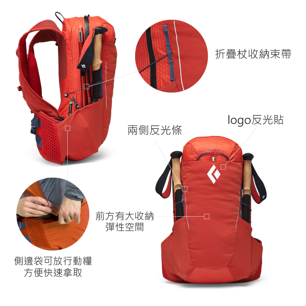 兩側反光條側邊袋可放行動糧方便快速拿取前方有大收納彈性空間折疊收納束帶logo反光貼