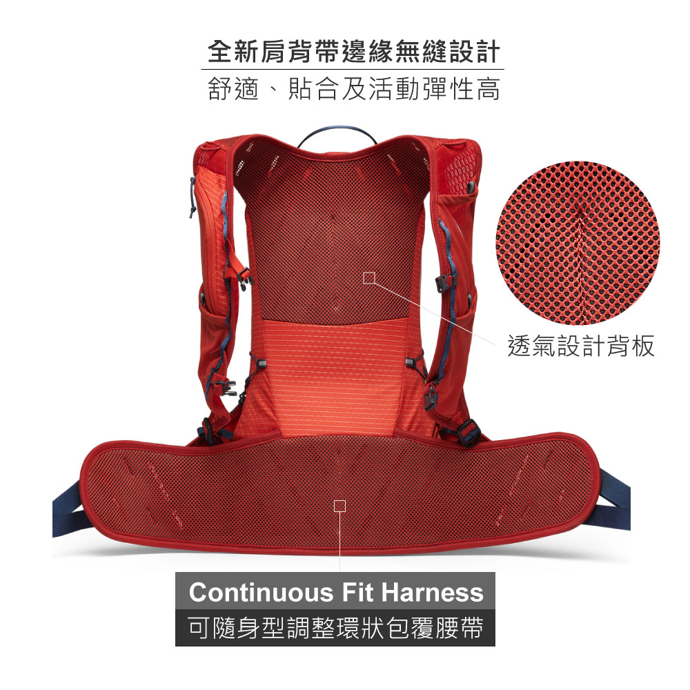 全新肩背帶邊緣無縫設計舒適、貼合及活動彈性高Continuous Fit Harness可隨身型調整環狀包覆腰帶透氣設計背板