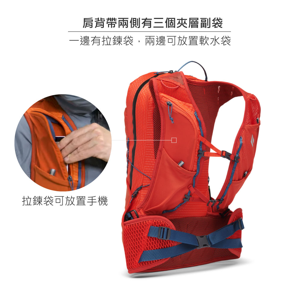 肩背帶兩側有三個夾層副袋一邊有拉鍊袋,兩邊可放置軟水袋拉鍊袋可放置手機