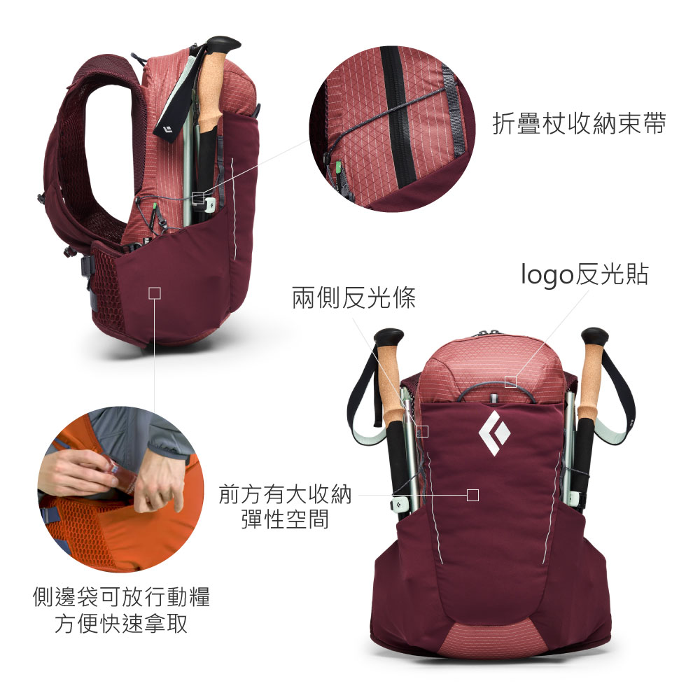 兩側反光條側邊袋可放行動糧方便快速拿取前方有大收納彈性空間折疊收納束帶logo反光貼