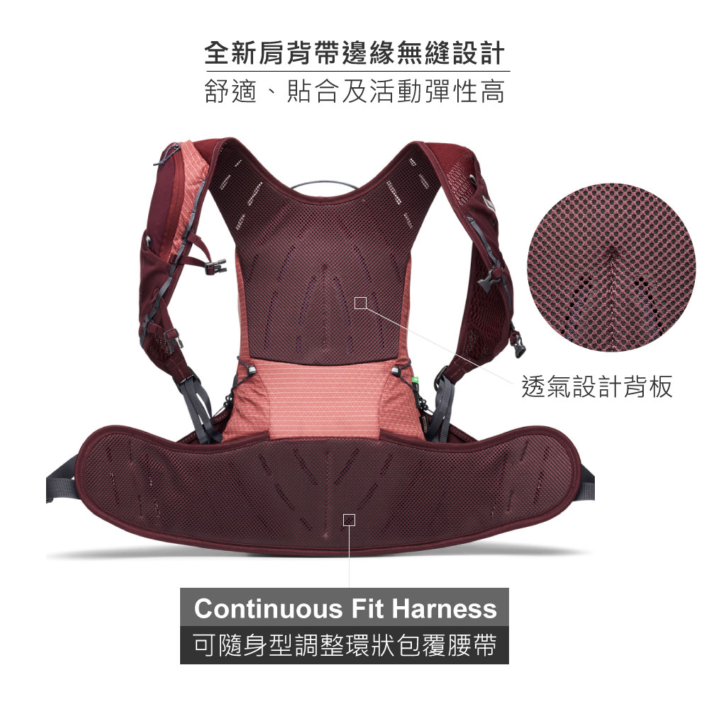 全新肩背帶邊緣無縫設計舒適、貼合及活動彈性高Continuous Fit Harness可隨身型調整環狀包覆腰帶透氣設計背板
