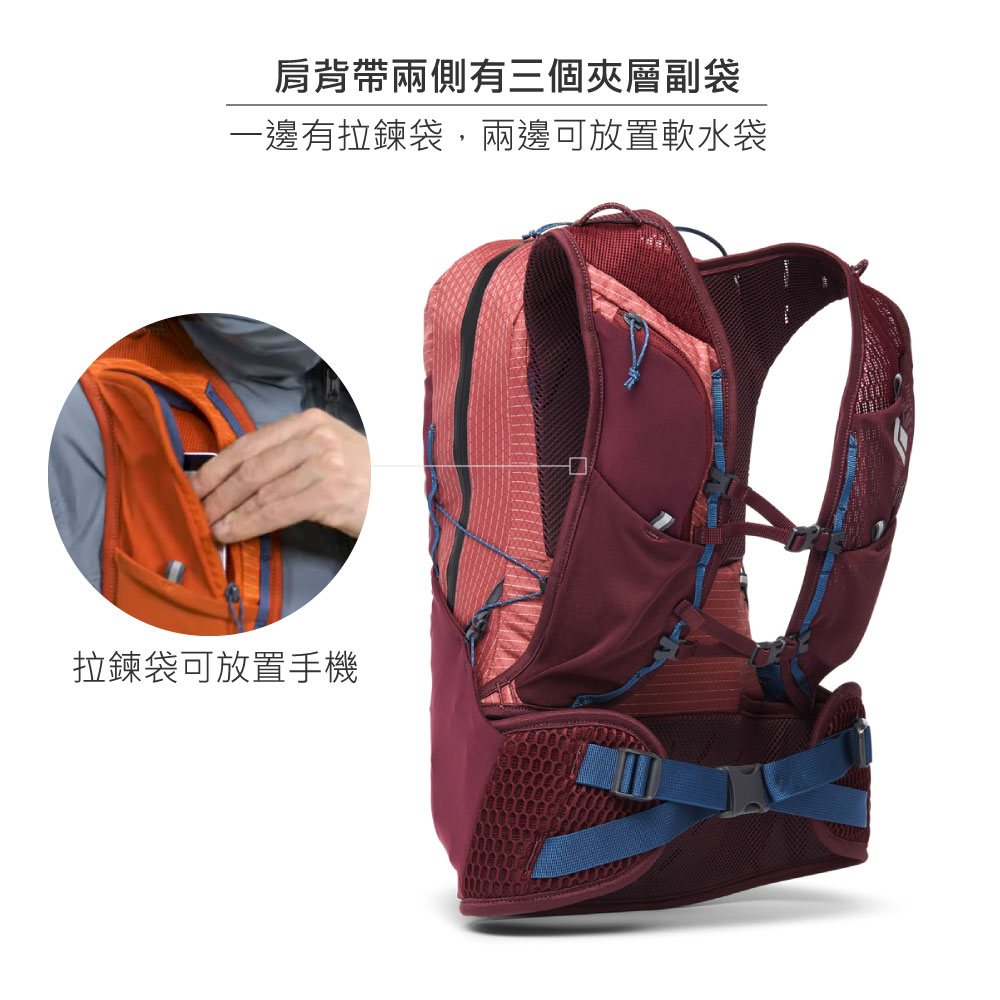 肩背帶兩側有三個夾層副袋一邊有拉鍊袋,兩邊可放置軟水袋拉鍊袋可放置手機