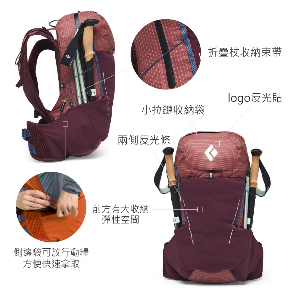 小拉鏈收納袋兩側反光條側邊袋可放行動糧方便快速拿取前方有大收納彈性空間折疊收納束帶logo反光貼