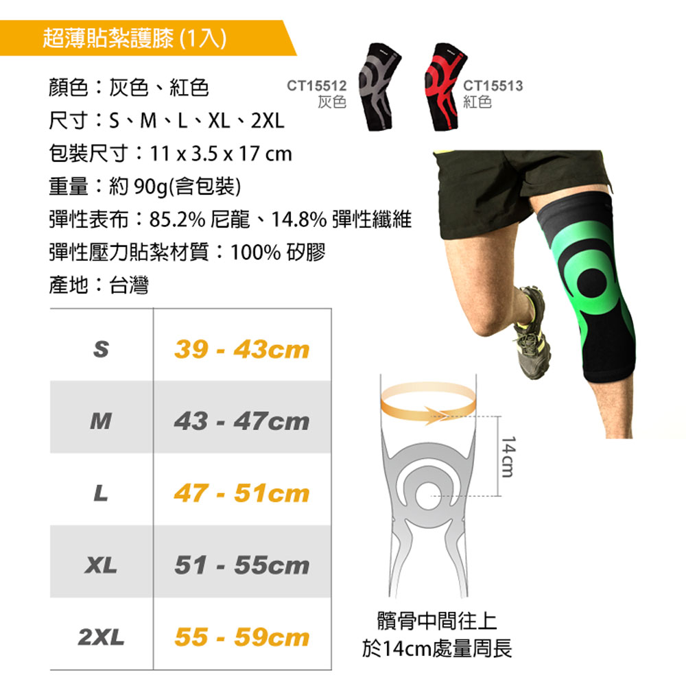 超薄貼紮護膝(1入)顏色:灰色、紅色CT15512CT15513灰色紅色尺寸:、M、L、XL、2XL包裝尺寸:11 x 3.5 x 17 cm重量:約 90g(含包裝)彈性表布:85.2%尼龍、14.8% 彈性纖維彈性壓力貼紮材質:100%矽膠產地:台灣S39 - 43cmM43 - 47cmL47 - 51cmXL51 - 55cm14cm髕骨中間往上2XL55 - 59cm於14cm處量周長