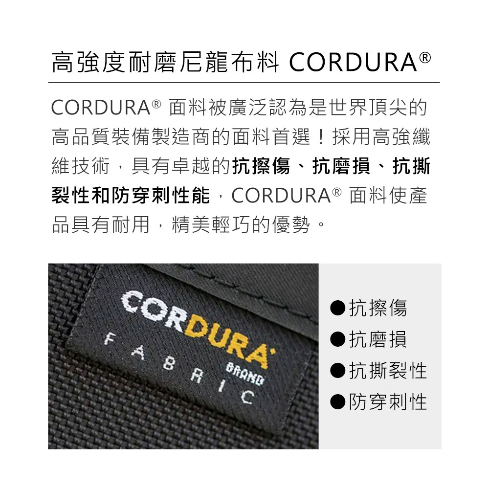 高強度耐磨尼龍布料 CORDURA CORDURA  面料被廣泛認為是世界頂尖的高品質裝備製造商的面料首選!採用高強纖維技術,具有卓越的抗擦傷、抗磨損、抗撕裂性和防穿刺性能,CORDURA® 面料使產品具有耐用,精美輕巧的優勢。CORDURABRANDFABRIC抗擦傷●抗磨損抗撕裂性防穿刺性