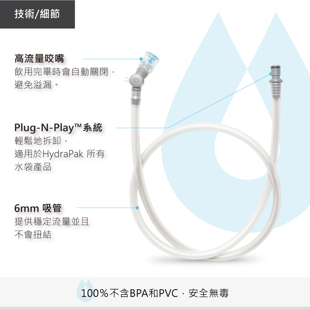 技術/細節高流量咬嘴飲用完畢時會自動關閉,避免溢漏。Plug-N-Play™系統輕鬆地拆卸,適用於HydraPak 所有水袋產品6mm 吸管提供穩定流量並且不會扭結100%不含BPA和PVC,安全無毒
