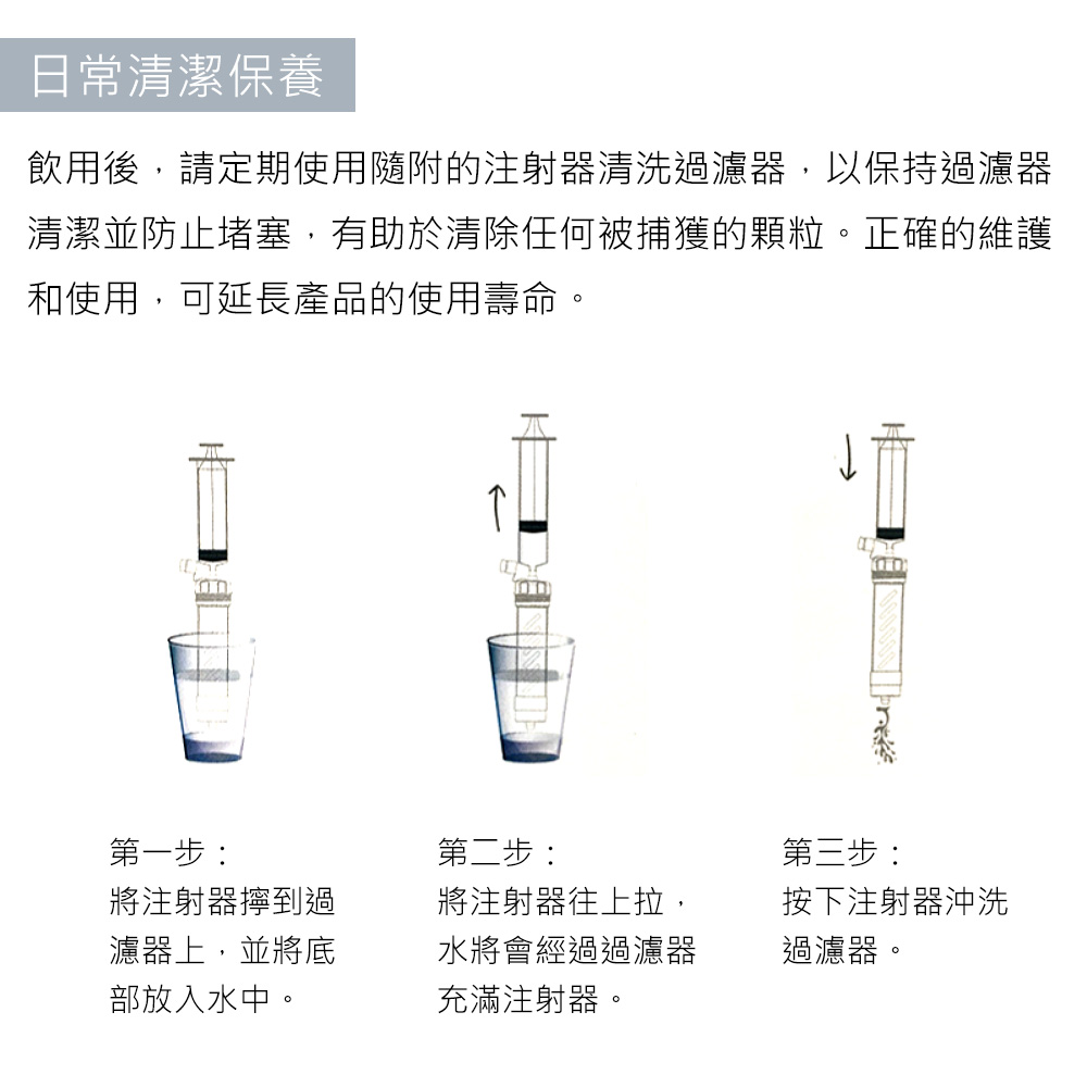 日常清潔保養飲用後,請定期使用隨附的注射器清洗過濾器,以保持過濾器清潔並防止堵塞,有助於清除任何被捕獲的顆粒。正確的維護和使用,可延長產品的使用壽命。第一步:將注射器擰到過濾器上,並將底部放入水中。第二步:第三步:將注射器往上拉,水將會經過過濾器充滿注射器。按下注射器沖洗過濾器。