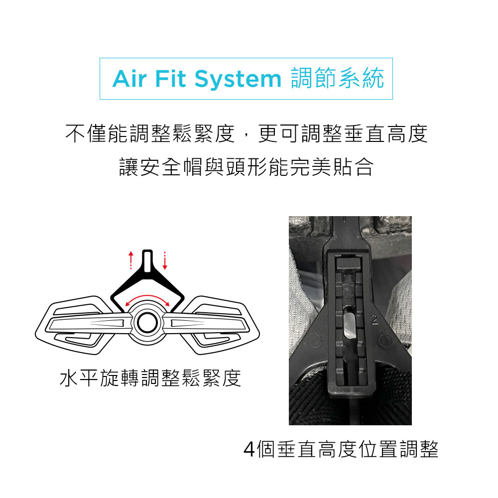 Air Fit System 調節系統不僅能調整鬆緊度,更可調整垂直高度讓安全帽與頭形能完美貼合水平旋轉調整鬆緊度4個垂直高度位置調整