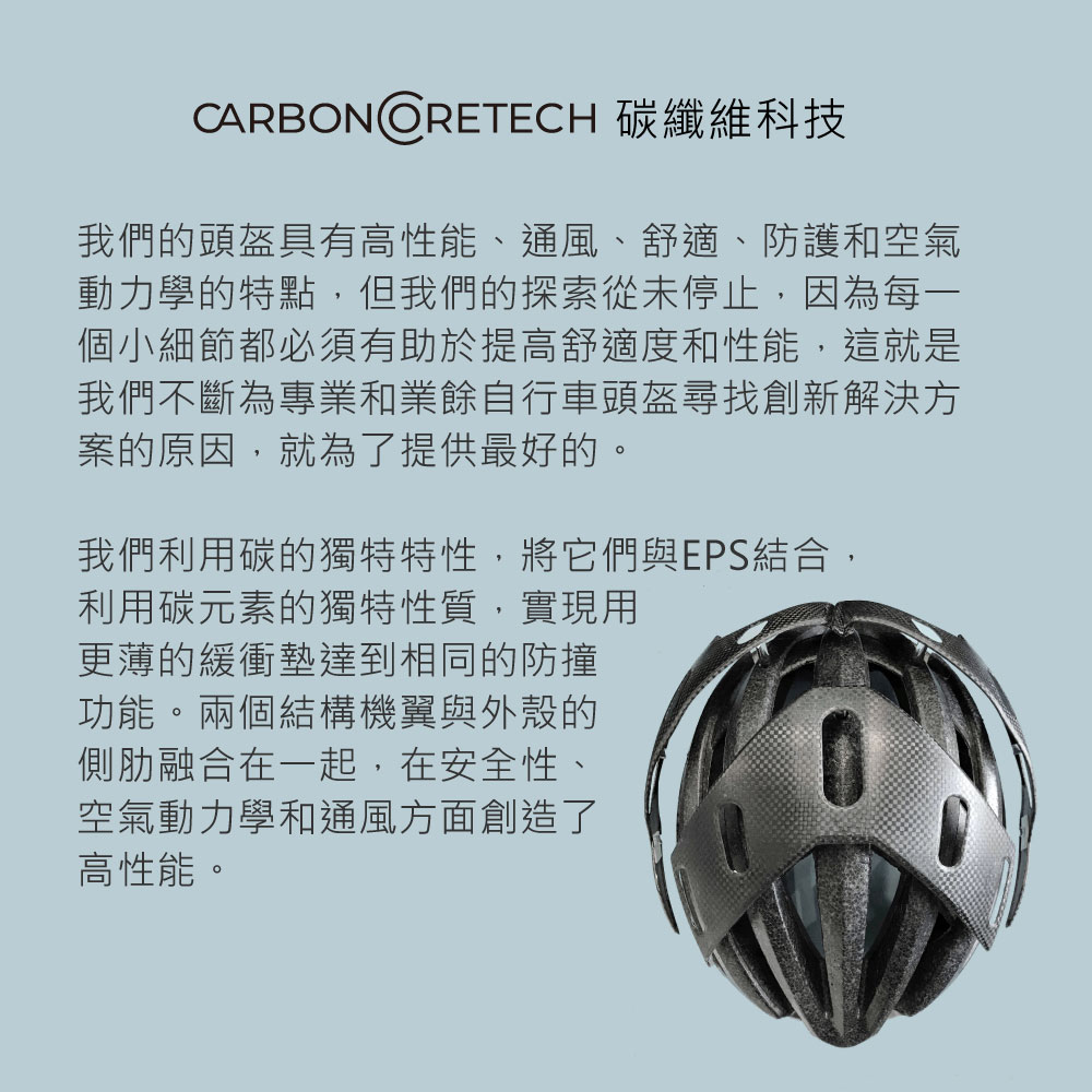 CARBONCRETECH 碳纖維科技我們的頭盔具有高性能、通風、舒適、防護和空氣動力學的特點,但我們的探索從未停止,因為每一個小細節都必須有助於提高舒適度和性能,這就是我們不斷為專業和業餘自行車頭盔尋找創新解決方案的原因,就為了提供最好的。我們利用碳的獨特特性,將它們與EPS結合,利用碳元素的獨特性質,實現用更薄的緩衝墊達到相同的防撞功能。兩個結構機翼與外殼的側融合在一起,在安全性、空氣動力學和通風方面創造了高性能。