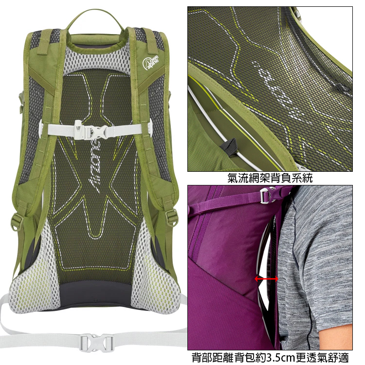 氣流網架背負系統背部距離背包約3.5cm更透氣舒適