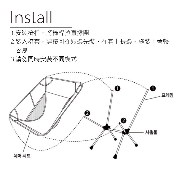 Install.安裝椅桿,將椅桿拉直撐開2.裝入椅套,建議可從短邊先裝,在套上長邊,施裝上會較容易3. 請勿同時安裝不同模式체어 시트11프레임22사출물