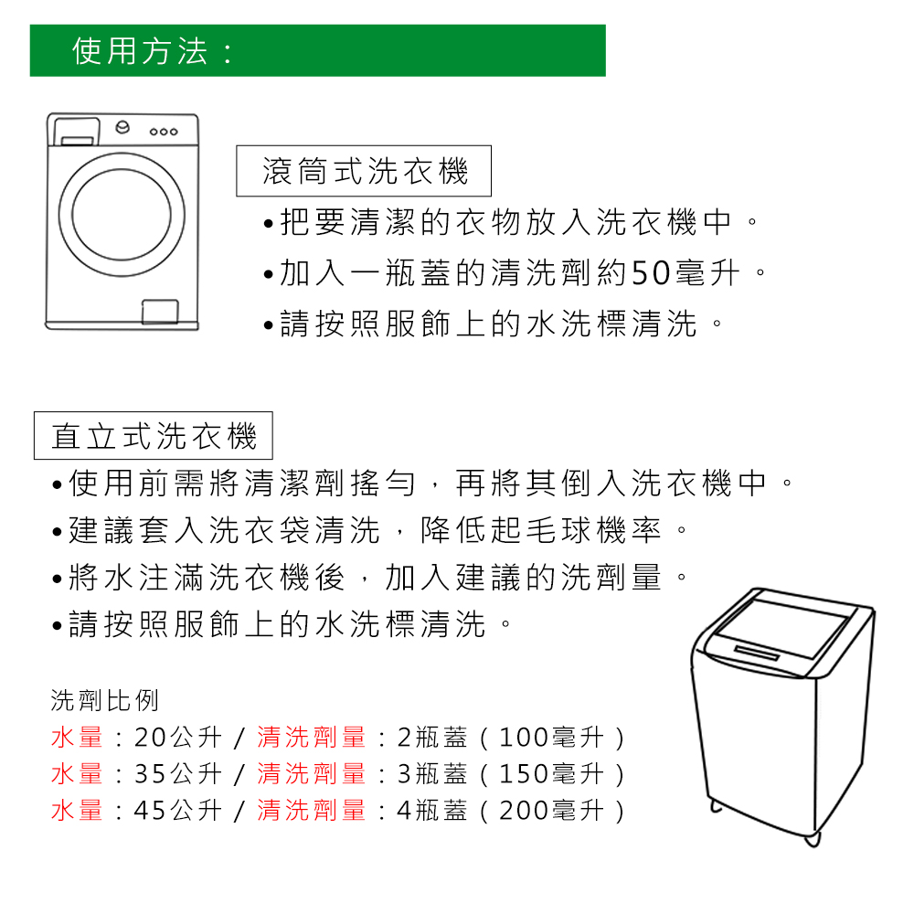 使用方法:滾筒式洗衣機把要清潔的衣物放入洗衣機中。加入一瓶蓋的清洗劑約50毫升。請按照服飾上的水洗標清洗。直立式洗衣機使用前需將清潔劑搖勻,再將其倒入洗衣機中。,建議套入洗衣袋清洗,降低起毛球機率。將水注滿洗衣機後,加入建議的洗劑量。•請按照服飾上的水洗標清洗。洗劑比例水量: 20公升  清洗劑量: 2瓶蓋 (100毫升 水量:35公升清洗劑量:3瓶蓋 (150毫升 水量: 45公升 / 清洗劑量: 4瓶蓋 (200毫升