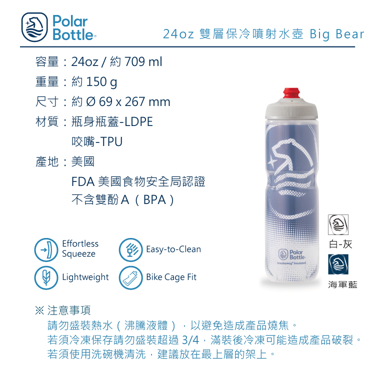 Polar Insulated Big Bear Water Bottle, Blue, 24 oz