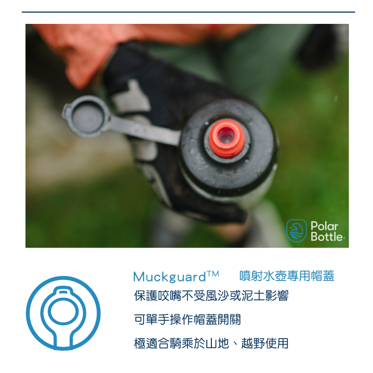 PolarBottle Muckguard噴射水壺專用帽蓋保護咬嘴不受風沙或泥土影響可單手操作帽蓋開關極適合騎乘於山地、越野使用