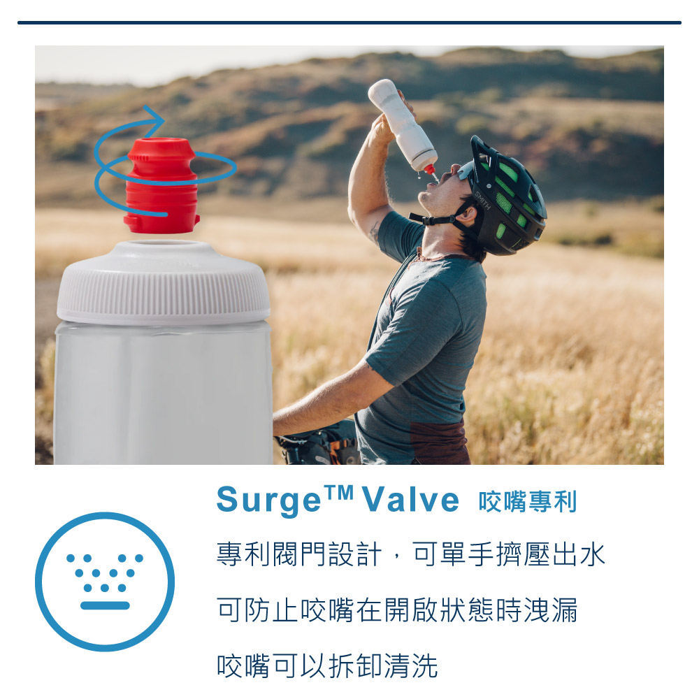 SurgeTM Valve 咬嘴專利專利閥門設計,可單手擠壓出水可防止咬嘴在開啟狀態時洩漏咬嘴可以拆卸清洗